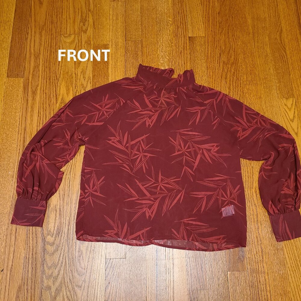 Forever 21 Blouse Burgundy Sheer Mock Neck Bow Tie Long Sleeve Size S